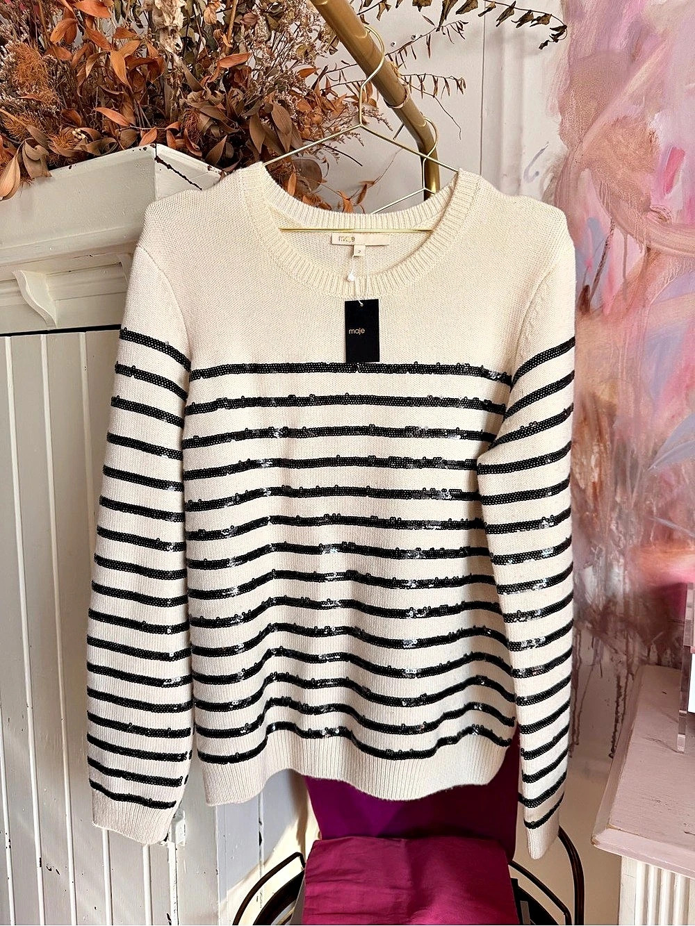 Maje Paris255 Striped Sequin Sweater in Cream & Black Size Medium NWT